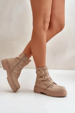 Ocieplane Botki Damskie Ze Zdobieniem Beżowe Ciascia Damskie Botki Ocieplane|Czarne Botki