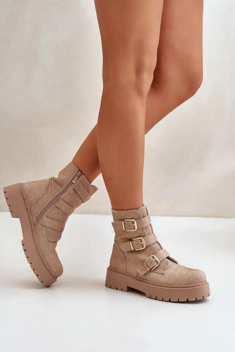 Ocieplane Botki Damskie Ze Zdobieniem Beżowe Ciascia Damskie Botki Ocieplane|Czarne Botki