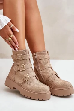 Ocieplane Botki Damskie Ze Zdobieniem Beżowe Ciascia Damskie Botki Ocieplane|Czarne Botki