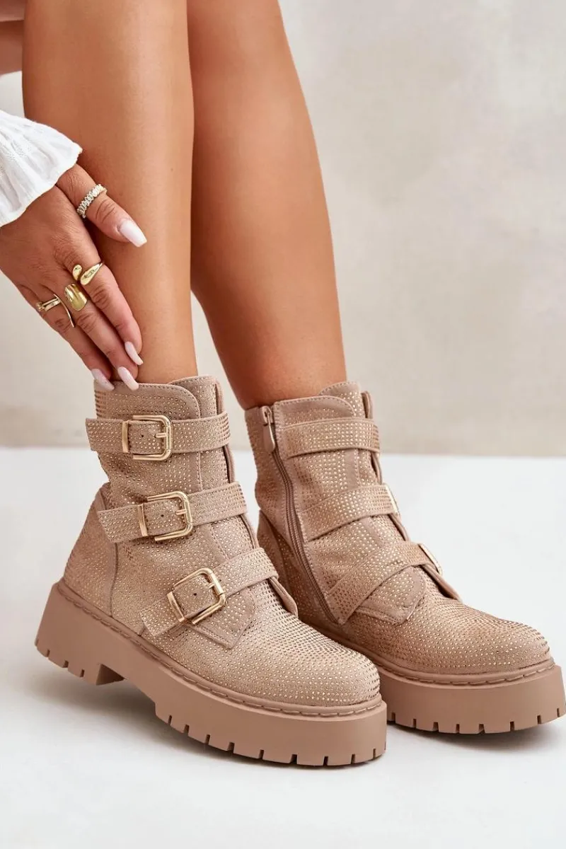 Ocieplane Botki Damskie Ze Zdobieniem Beżowe Ciascia Damskie Botki Ocieplane|Czarne Botki