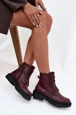 Hot Buty Sergio Leone Ocieplane Botki Damskie Z Naturalnej Skóry Sergio Leone BT25248-S Bordowe Czerwony