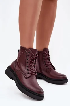 Hot Buty Sergio Leone Ocieplane Botki Damskie Z Naturalnej Skóry Sergio Leone BT25248-S Bordowe Czerwony