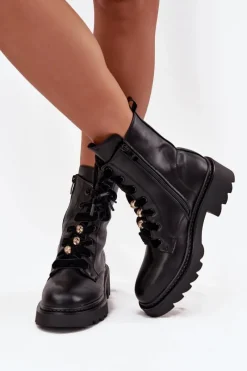 Hot Ocieplane Botki Damskie Z Ozdobnym Sznurowaniem Czarne Elindra Damskie Botki Sznurowane|Czarne Botki