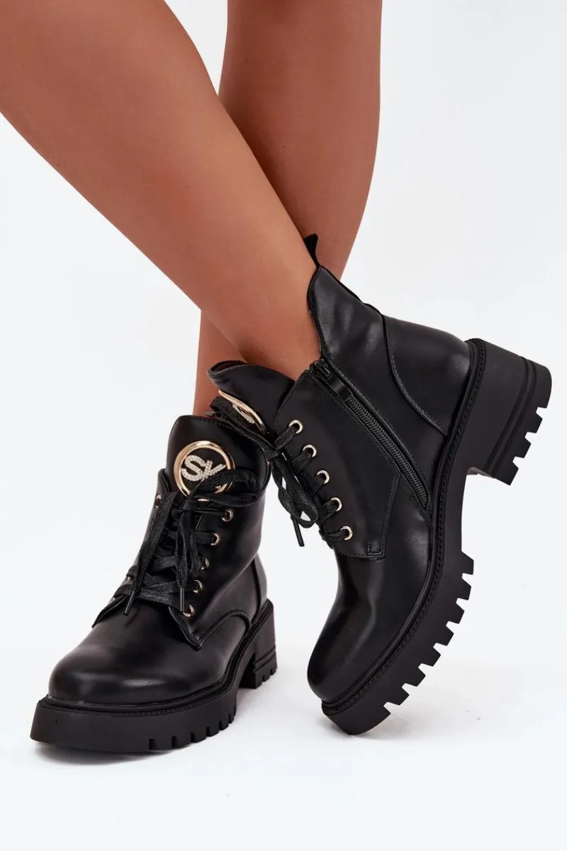 Outlet Boto Ocieplane Botki Damskie Ze Złotym Detalem Czarne Kavirae