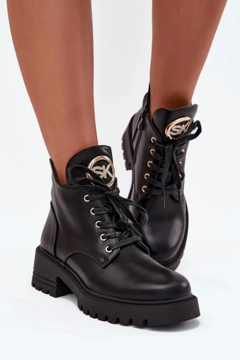 Outlet Boto Ocieplane Botki Damskie Ze Złotym Detalem Czarne Kavirae