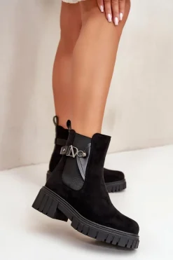 Outlet Boto Ocieplane Botki Damskie Ze Złotym Detalem Eko Zamszowe Czarne Bervena