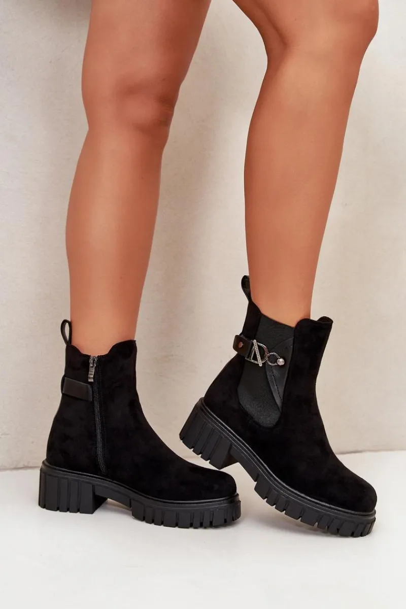 Outlet Boto Ocieplane Botki Damskie Ze Złotym Detalem Eko Zamszowe Czarne Bervena