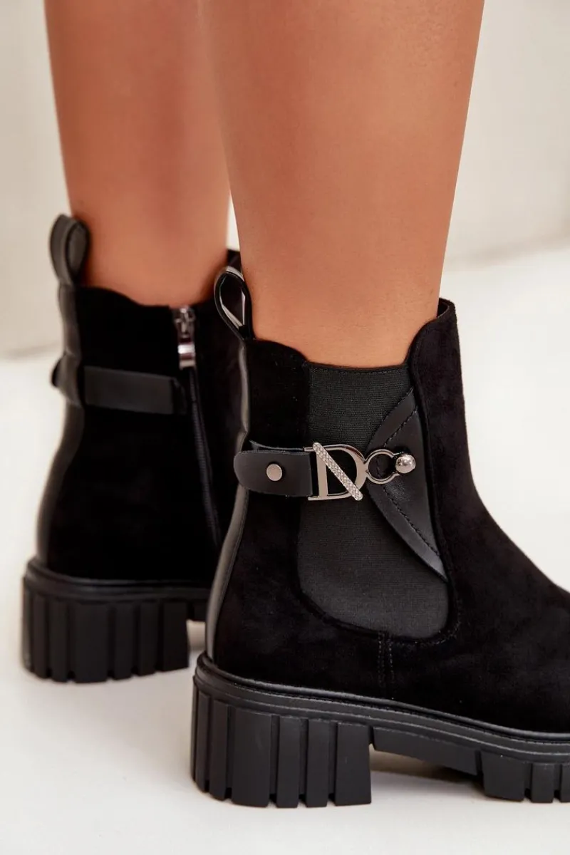 Outlet Boto Ocieplane Botki Damskie Ze Złotym Detalem Eko Zamszowe Czarne Bervena