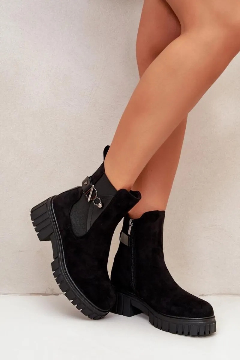 Outlet Boto Ocieplane Botki Damskie Ze Złotym Detalem Eko Zamszowe Czarne Bervena