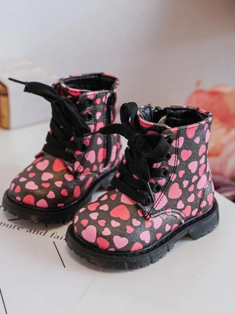 Hot Boto Ocieplane Botki Dziecięce Na Suwak Czarno-Różowe Dolida