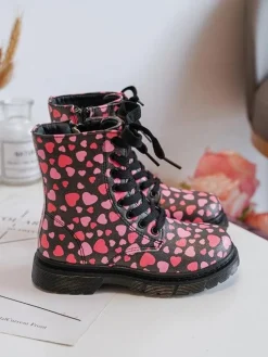 Hot Boto Ocieplane Botki Dziecięce Na Suwak Czarno-Różowe Dolida