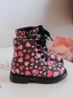 Hot Boto Ocieplane Botki Dziecięce Na Suwak Czarno-Różowe Dolida