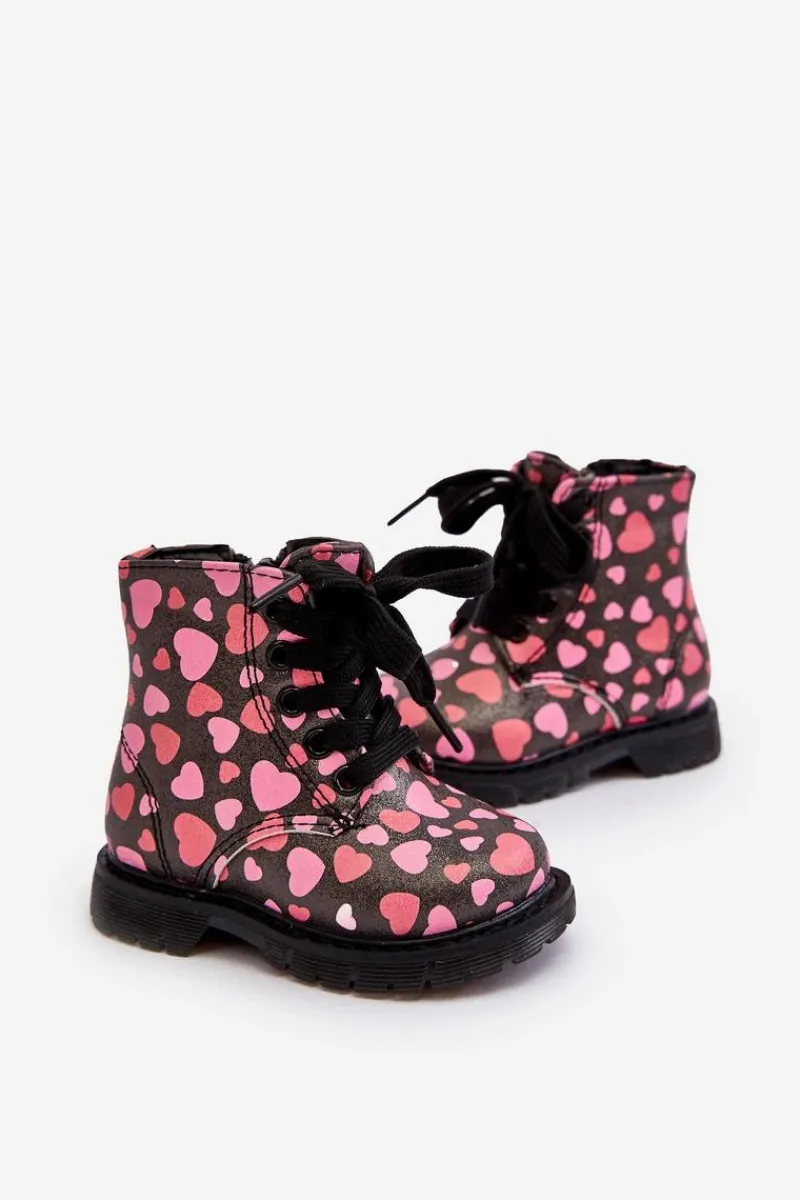 Hot Boto Ocieplane Botki Dziecięce Na Suwak Czarno-Różowe Dolida