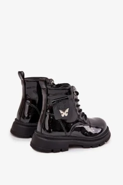 Outlet Ocieplane Botki Dziecięce Na Zamek Lakierowane Czarne Alverina Dzieci Dziewczęce