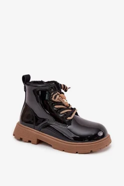 Dziewczęce>Boto Ocieplane Botki Dziecięce Lakierowane Z Przypinką Miś Czarne Jovellea Czarny