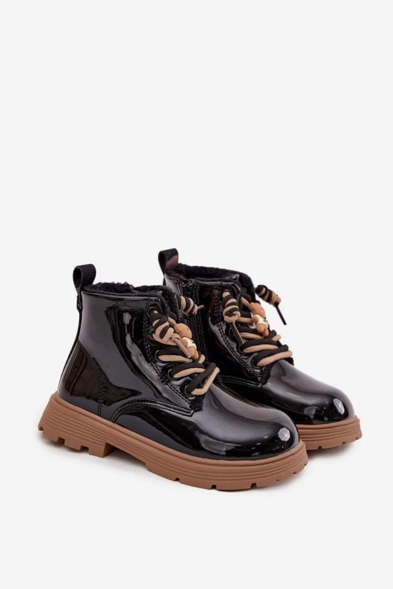 Dziewczęce>Boto Ocieplane Botki Dziecięce Lakierowane Z Przypinką Miś Czarne Jovellea Czarny