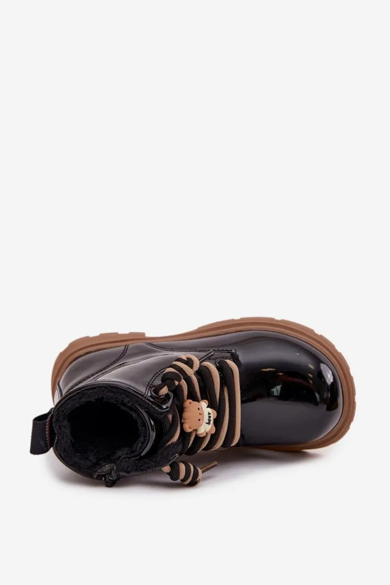 Dziewczęce>Boto Ocieplane Botki Dziecięce Lakierowane Z Przypinką Miś Czarne Jovellea Czarny