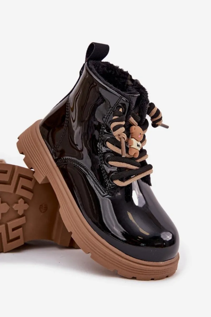 Dziewczęce>Boto Ocieplane Botki Dziecięce Lakierowane Z Przypinką Miś Czarne Jovellea Czarny