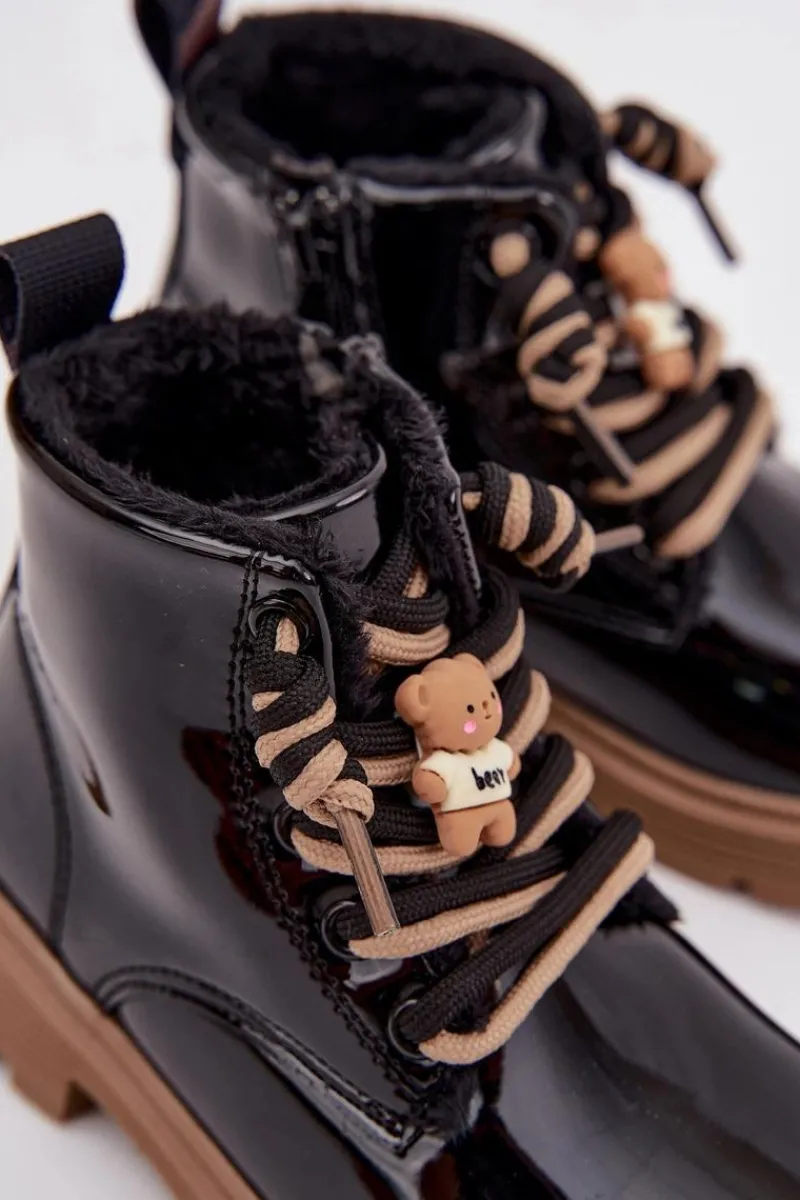 Dziewczęce>Boto Ocieplane Botki Dziecięce Lakierowane Z Przypinką Miś Czarne Jovellea Czarny