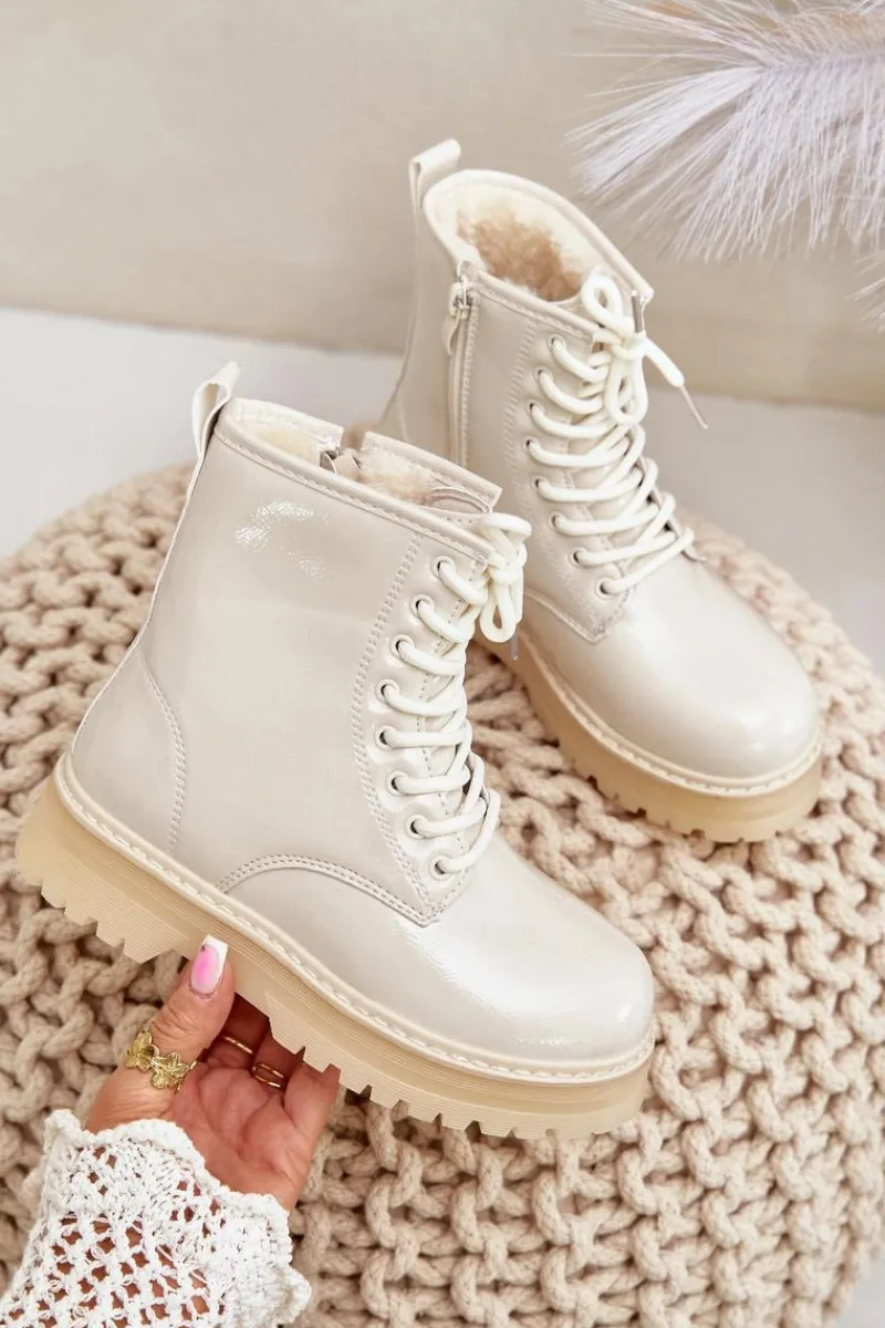 Outlet Boto Ocieplane Botki Dziewczęce Lakierowane Na Zamek Beżowe Novita