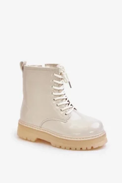 Outlet Boto Ocieplane Botki Dziewczęce Lakierowane Na Zamek Beżowe Novita