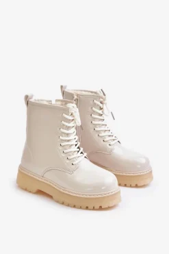 Outlet Boto Ocieplane Botki Dziewczęce Lakierowane Na Zamek Beżowe Novita