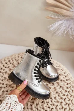 Dziewczęce>Boto Ocieplane Botki Dziewczęce Lakierowane Na Zamek Srebrne Novita Srebrny