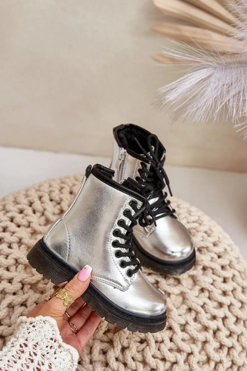 Dziewczęce>Boto Ocieplane Botki Dziewczęce Lakierowane Na Zamek Srebrne Novita Srebrny