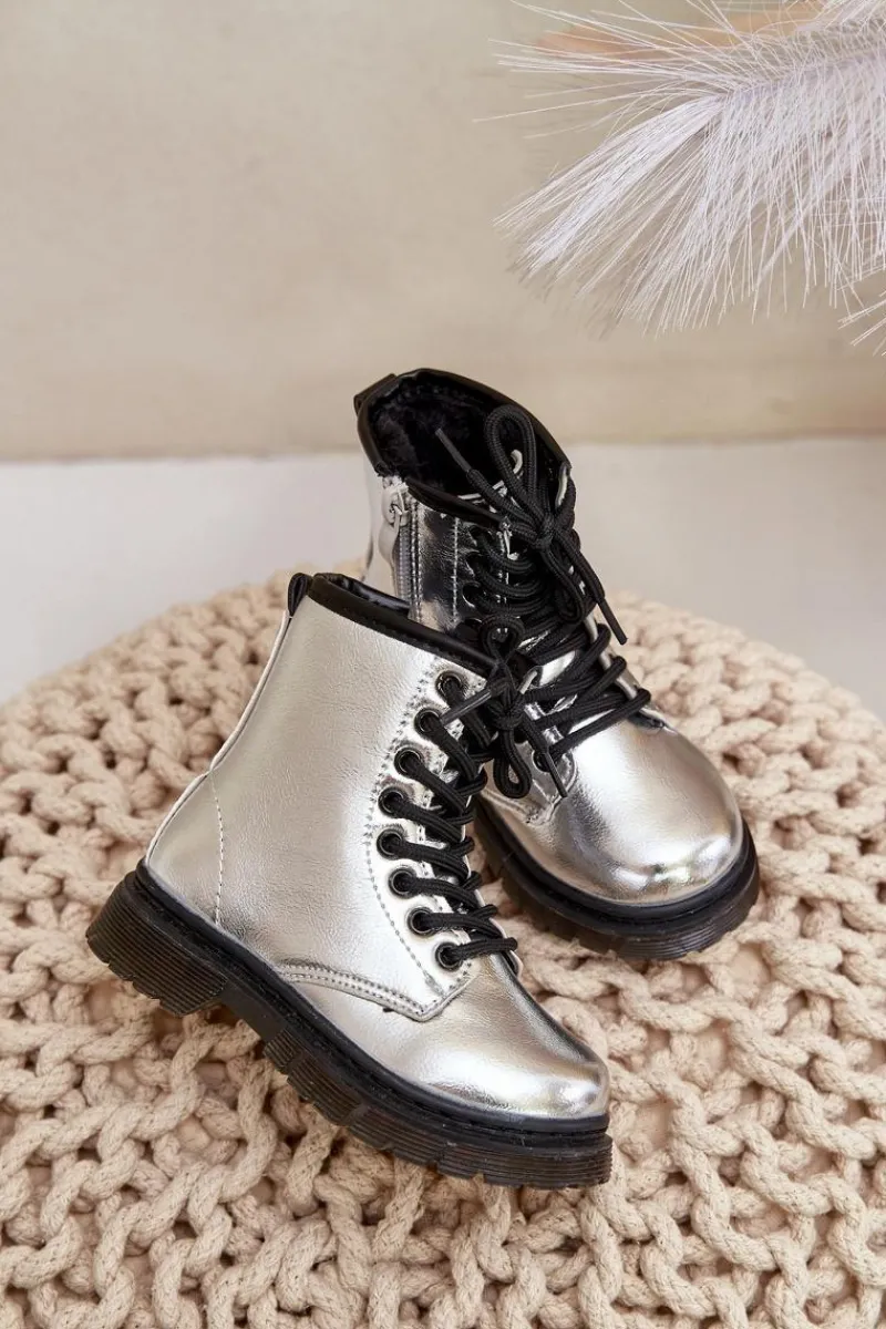 Dziewczęce>Boto Ocieplane Botki Dziewczęce Lakierowane Na Zamek Srebrne Novita Srebrny