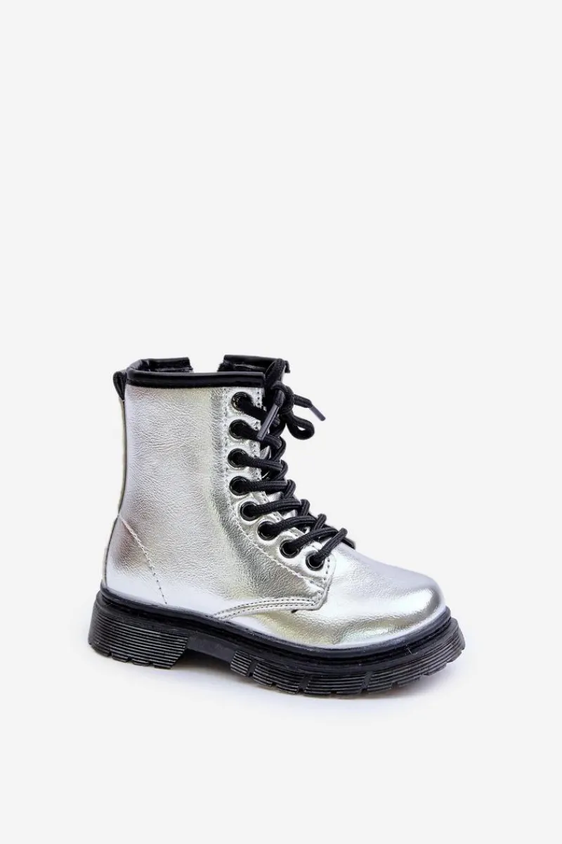 Dziewczęce>Boto Ocieplane Botki Dziewczęce Lakierowane Na Zamek Srebrne Novita Srebrny