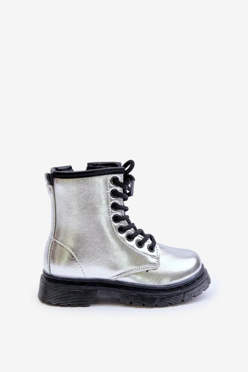 Dziewczęce>Boto Ocieplane Botki Dziewczęce Lakierowane Na Zamek Srebrne Novita Srebrny