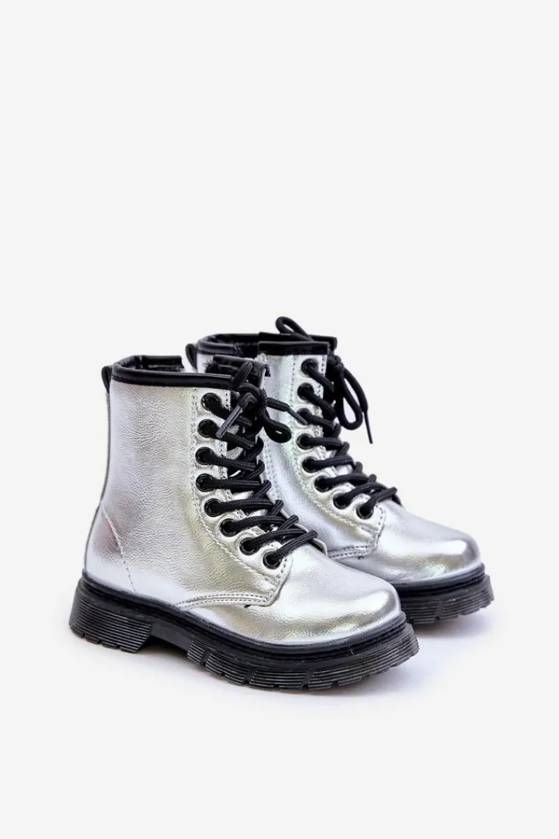 Dziewczęce>Boto Ocieplane Botki Dziewczęce Lakierowane Na Zamek Srebrne Novita Srebrny