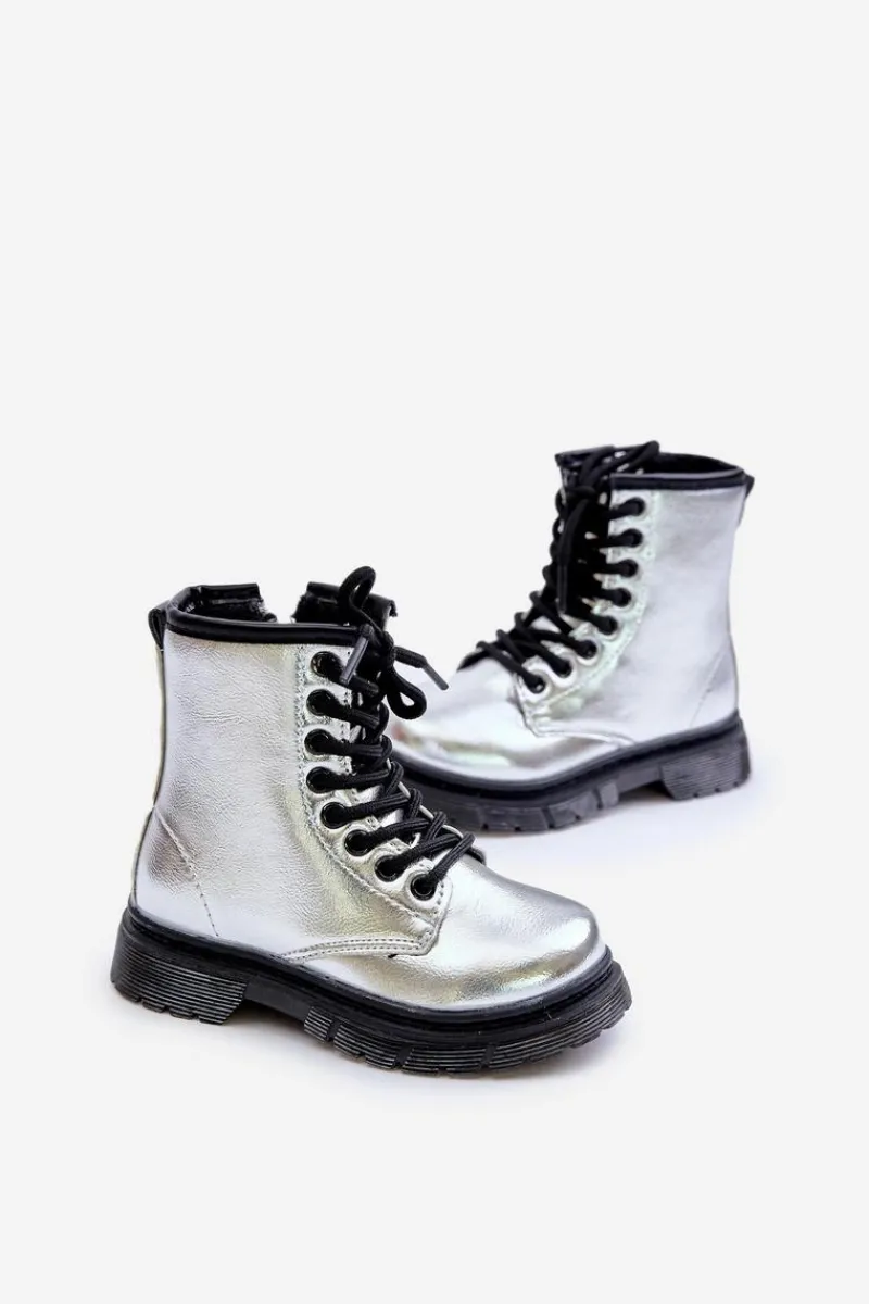 Dziewczęce>Boto Ocieplane Botki Dziewczęce Lakierowane Na Zamek Srebrne Novita Srebrny