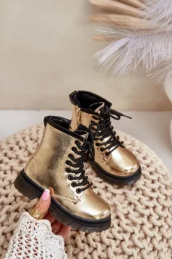 Boto Ocieplane Botki Dziewczęce Lakierowane Na Zamek Złote Novita Złoty