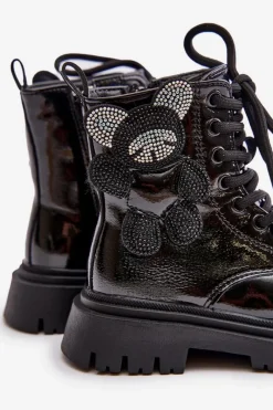 Online Ocieplane Botki Dziewczęce Z Misiem Na Zamek Lakierowane Czarne Relobia Dzieci Dziewczęce