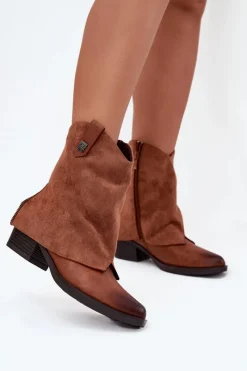 New Ocieplane Botki Kowbojki Na Obcasie Camel Sylvette Damskie Botki Ocieplane|Czarne Botki