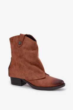 New Ocieplane Botki Kowbojki Na Obcasie Camel Sylvette Damskie Botki Ocieplane|Czarne Botki