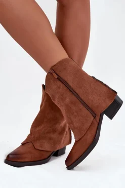 New Ocieplane Botki Kowbojki Na Obcasie Camel Sylvette Damskie Botki Ocieplane|Czarne Botki