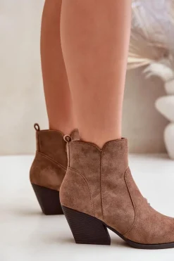 Hot Ocieplane Botki Kowbojki Eko Zamszowe Na Zamek Brązowe Virtris Damskie Botki Na Słupku|Brązowe I Beżowe Botki