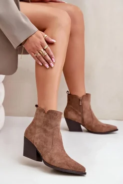 Hot Ocieplane Botki Kowbojki Eko Zamszowe Na Zamek Brązowe Virtris Damskie Botki Na Słupku|Brązowe I Beżowe Botki