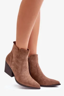 Hot Ocieplane Botki Kowbojki Eko Zamszowe Na Zamek Brązowe Virtris Damskie Botki Na Słupku|Brązowe I Beżowe Botki