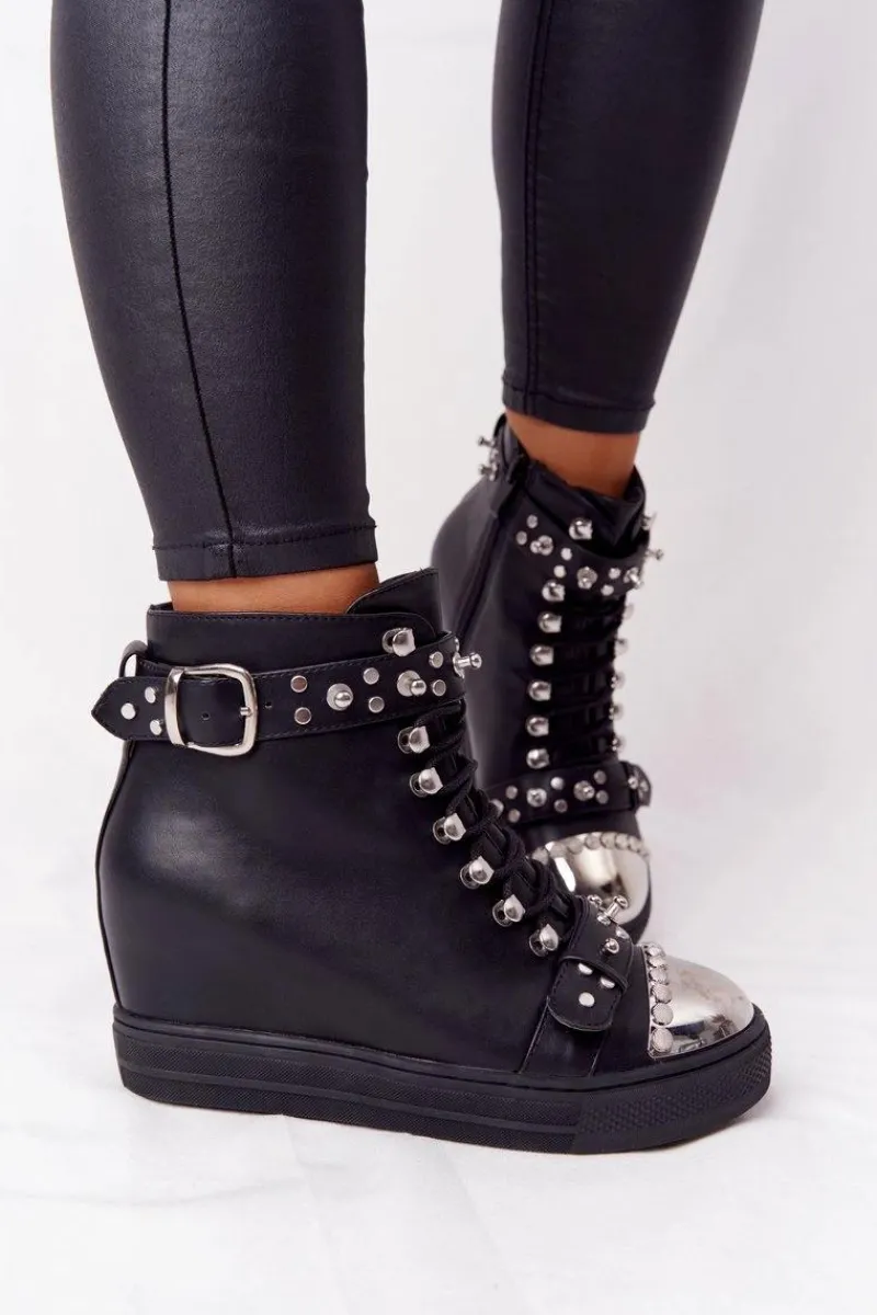 Outlet Boto Ocieplane Botki Na Koturnie Z Dżetami Czarne Lu Boo