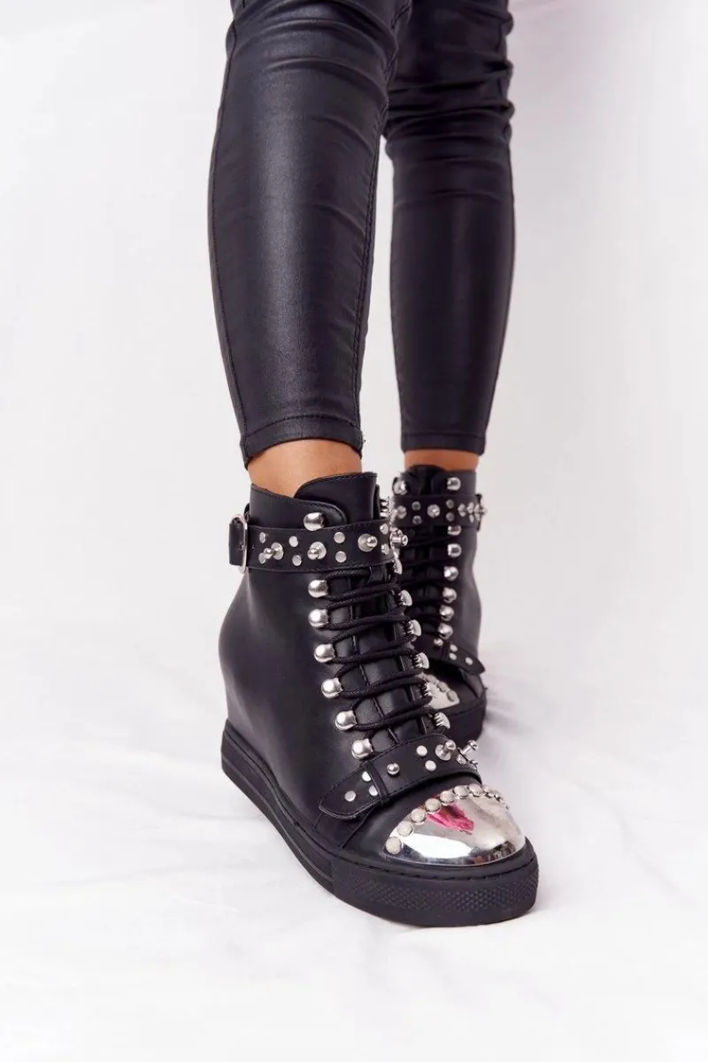 Outlet Boto Ocieplane Botki Na Koturnie Z Dżetami Czarne Lu Boo