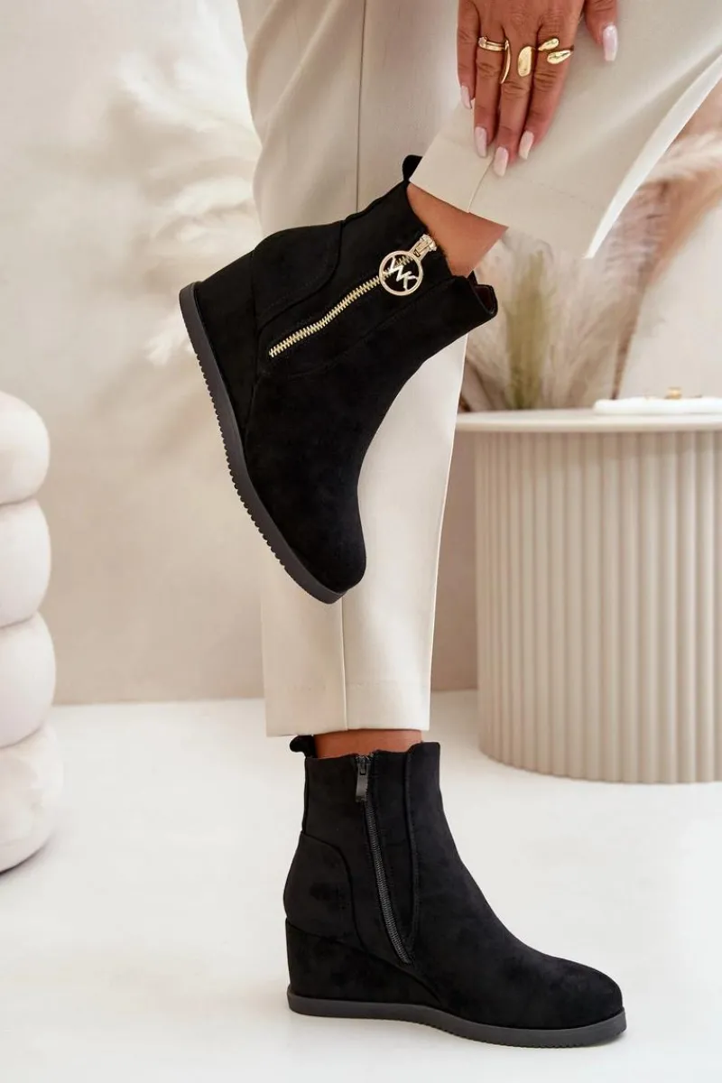 Online Boto Ocieplane Botki Na Koturnie Z Ozdobnym Zamkiem Eko Zamszowe Czarne Leretha