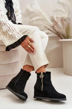 Online Boto Ocieplane Botki Na Koturnie Z Ozdobnym Zamkiem Eko Zamszowe Czarne Leretha