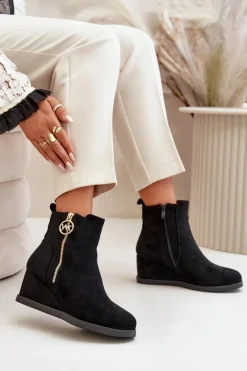 Online Boto Ocieplane Botki Na Koturnie Z Ozdobnym Zamkiem Eko Zamszowe Czarne Leretha