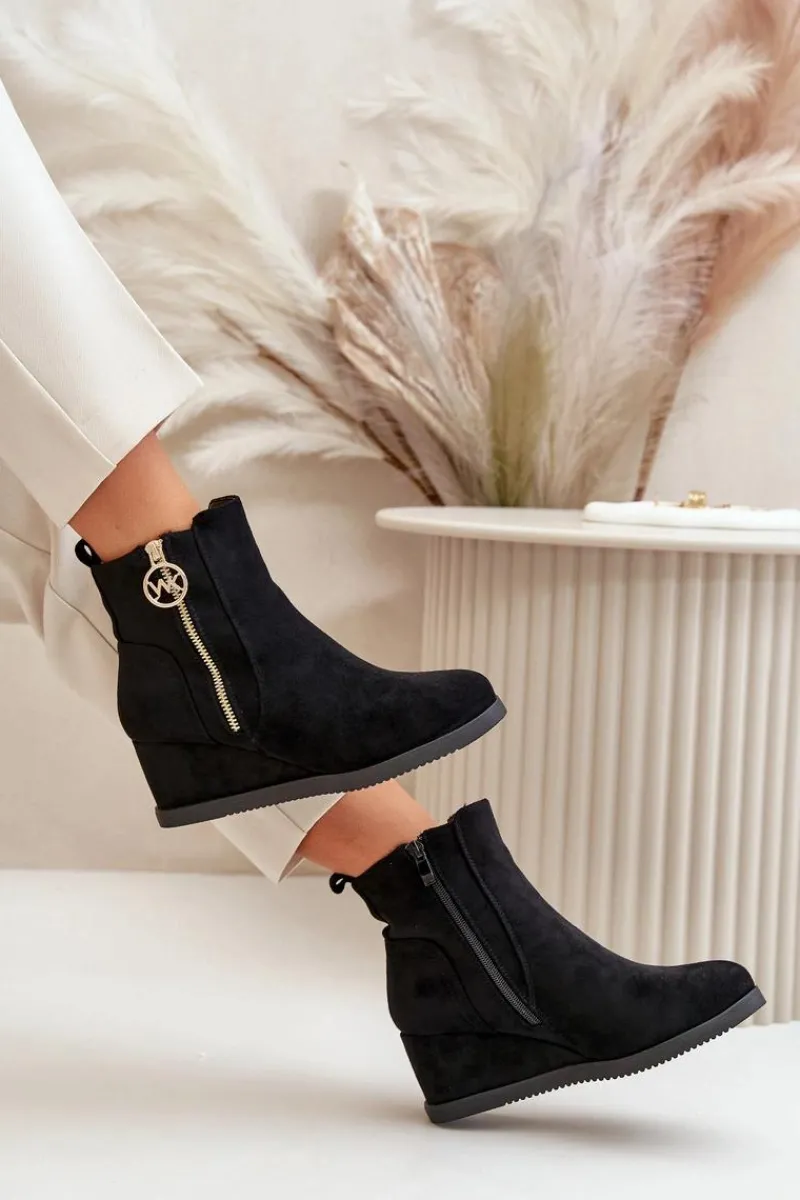 Online Boto Ocieplane Botki Na Koturnie Z Ozdobnym Zamkiem Eko Zamszowe Czarne Leretha