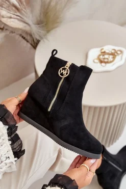 Online Boto Ocieplane Botki Na Koturnie Z Ozdobnym Zamkiem Eko Zamszowe Czarne Leretha