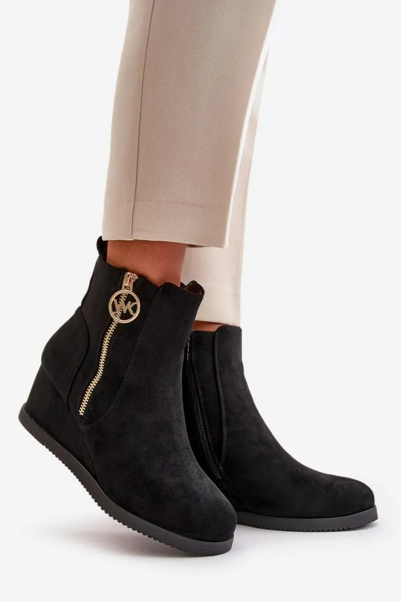 Online Boto Ocieplane Botki Na Koturnie Z Ozdobnym Zamkiem Eko Zamszowe Czarne Leretha