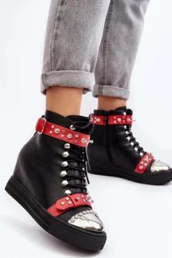 Online Boto Ocieplane Botki Na Koturnie Z Dżetami Ekoskóra Lu Boo Czarne